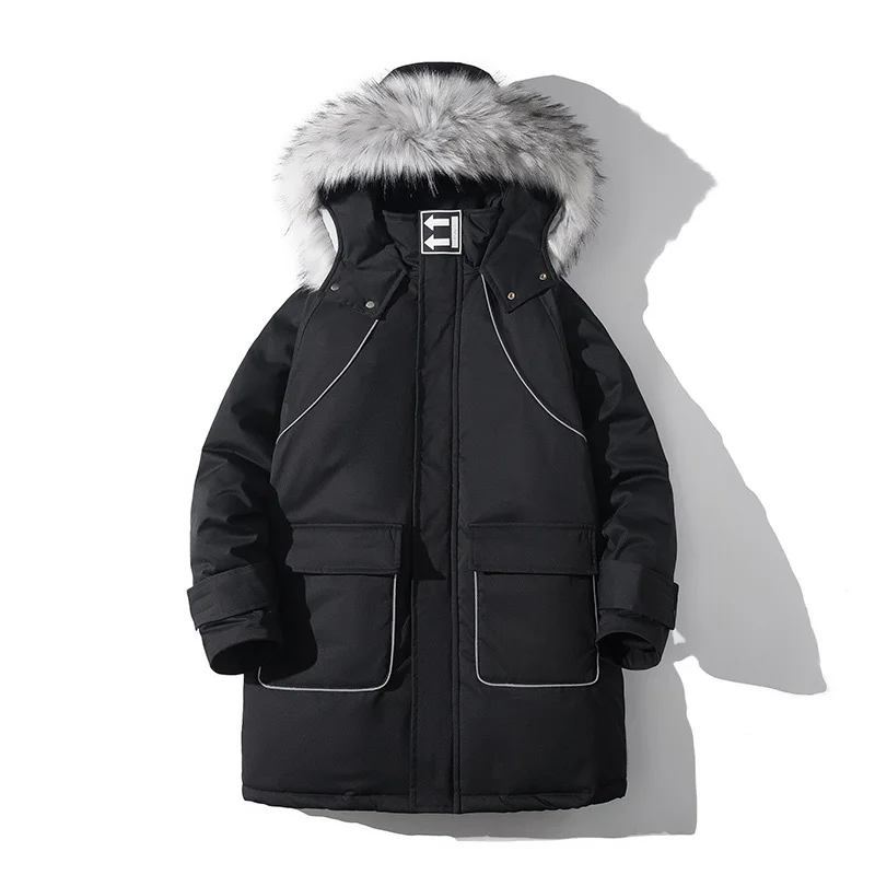 Casaco de inverno parka masculino meados de comprimento solto grande tamanho 5xl casaco com capuz grosso quente e à prova de vento cor sólida algodão