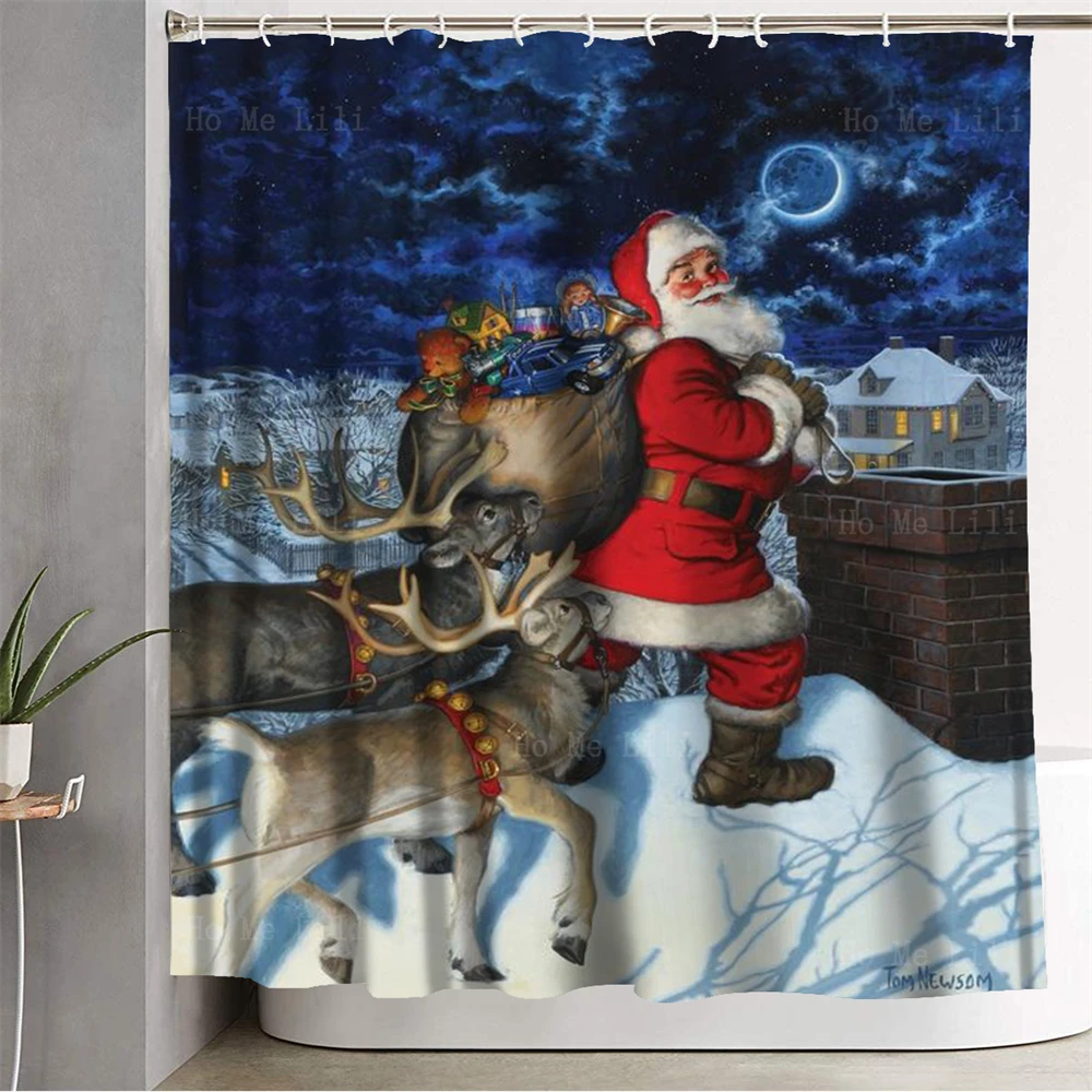 Christmastime Is Here Santa With Sledge Reindeer Claus Carries Presents Chimney Moonlight Shower Curtain