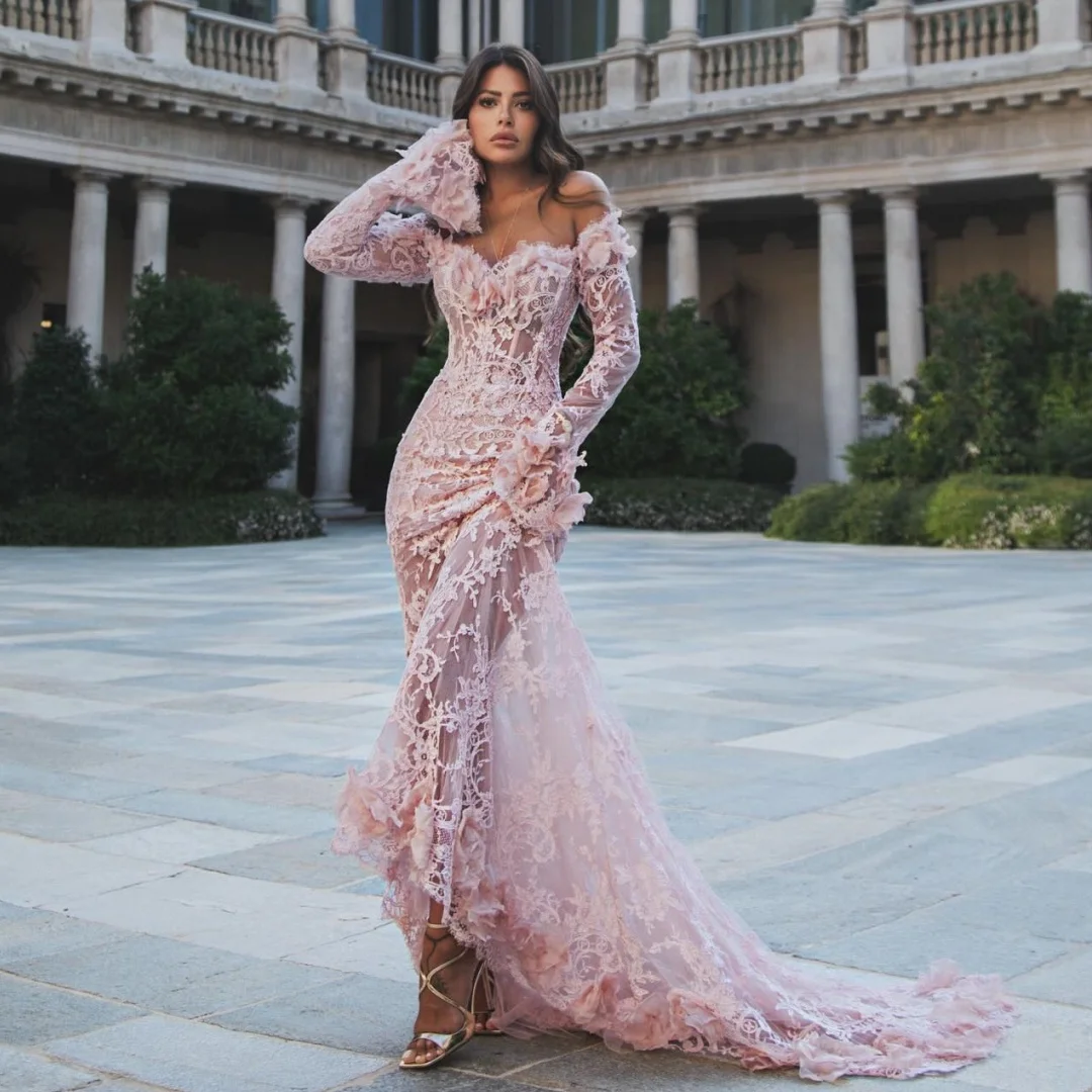 

Lace Mermaid Evening Dresses Long Sleeves vestidos de noche Exquisite Prom Dress Flower Appliques Wedding Party Gown Customized