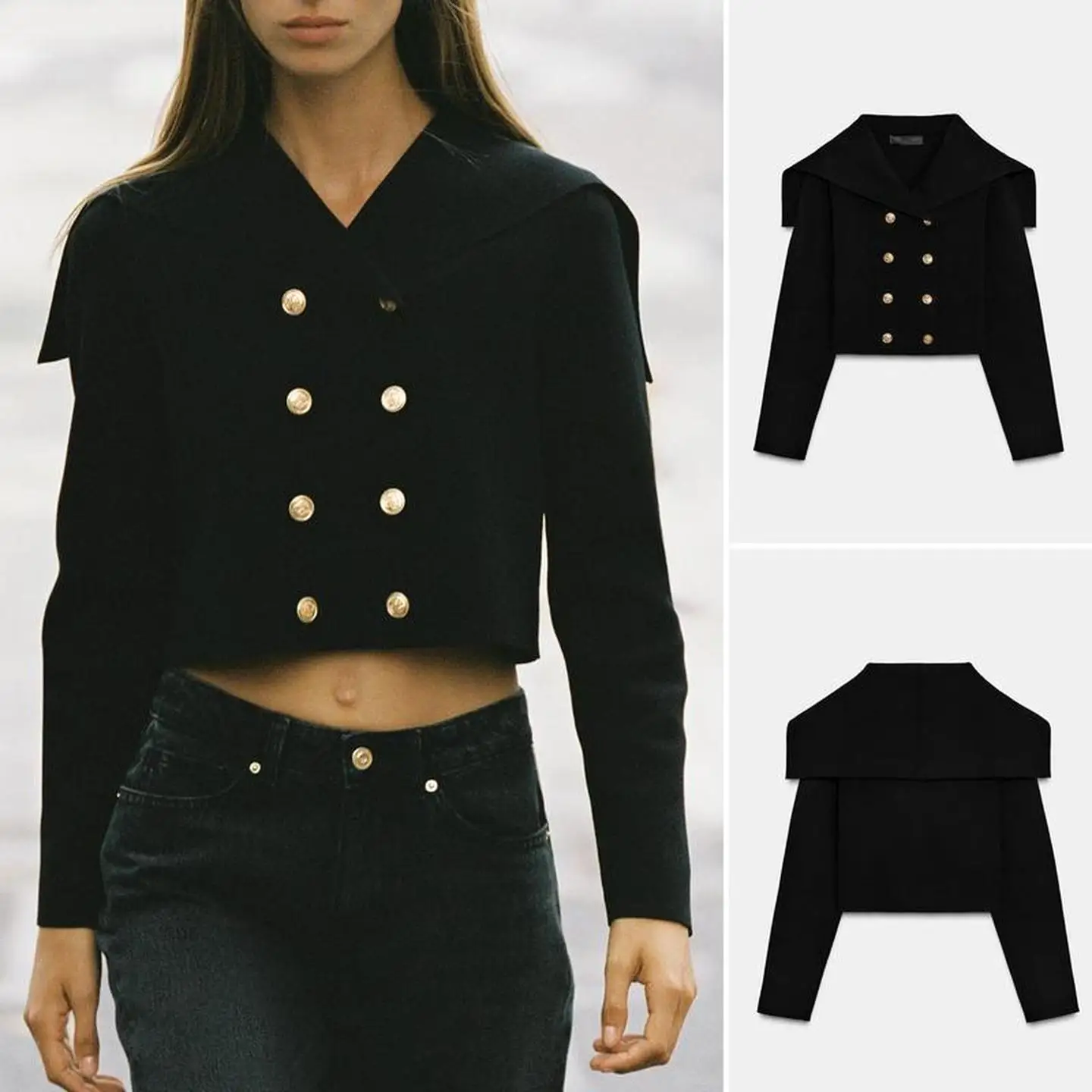 Botão dourado decorado de malha longa sve ort jaet capa flip grande aba dupla outono outerwear para mulheres faculdade sle