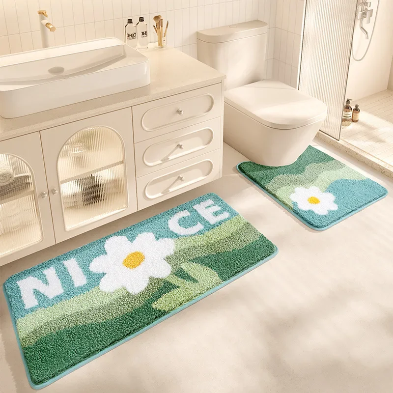 Hello Flower Bath Mat Set Thickened Flocked Bathroom Carpet Toilet Foot Mat Quickly Absorbs Water TPR Anti-slip Rug Floor Mats