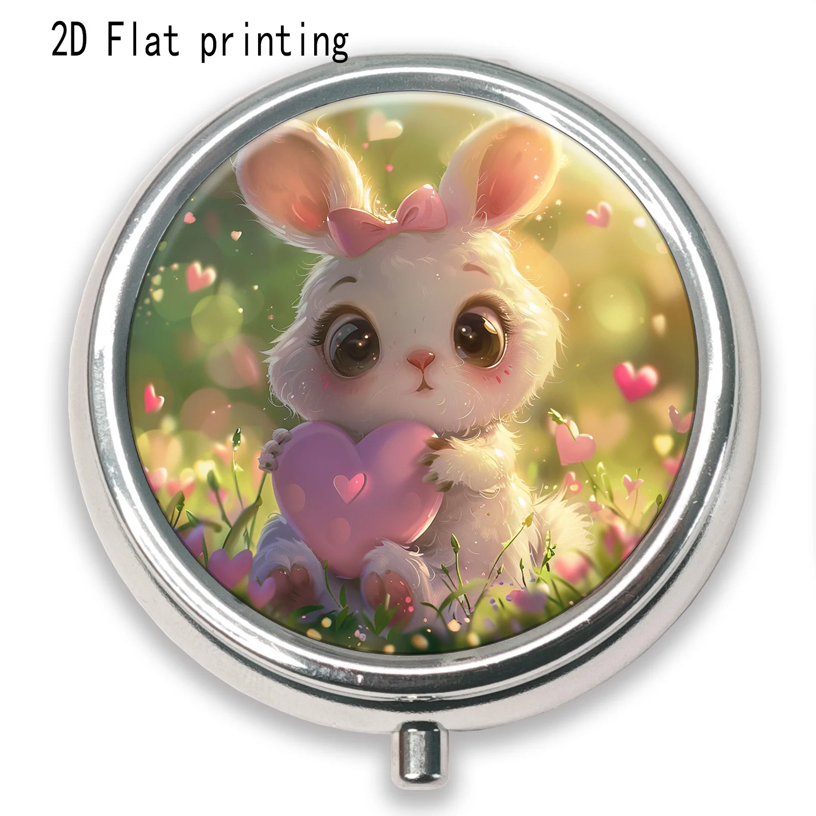 Bowknot Cute Rabbit Hugging Heart Metal Pill Box —— Portable Outdoor Pill Box, Available in 2 Shapes, with a Bowknot Cute Rabbit Hugging Heart Design, a Must-Have for Travel and Vacation, a Healing and Adorable Creative Gift. Bowknot Cute Rabbit Hugging Heart Pill Box, a Portable Medicine Storage Tool