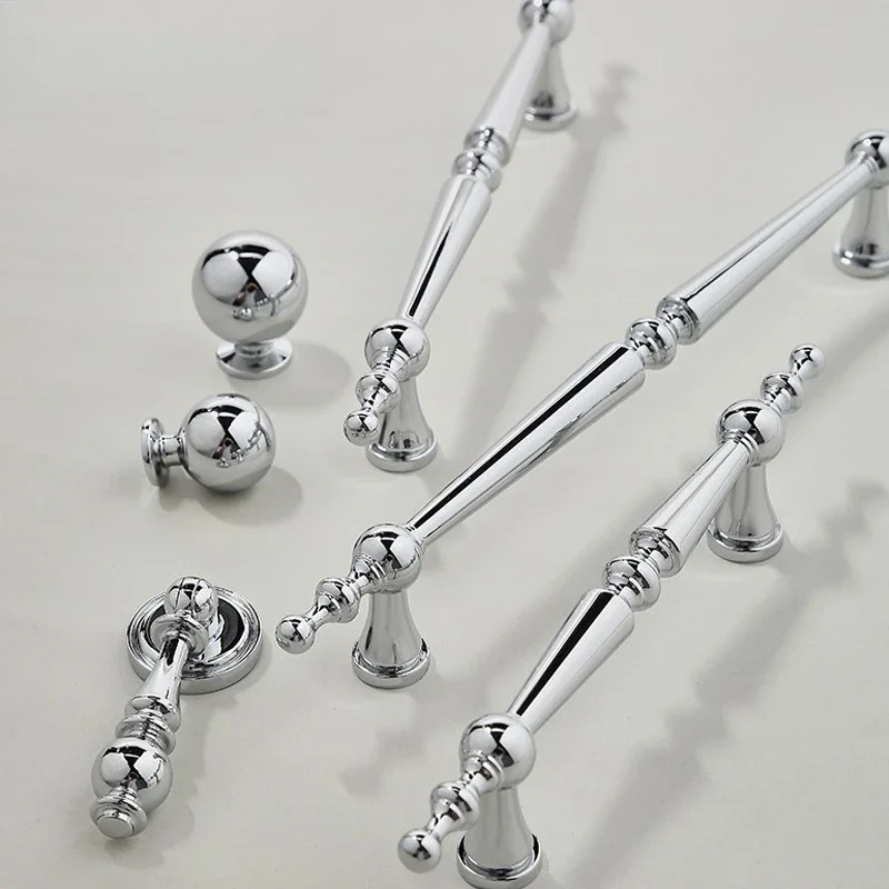 Silver Furniture Hardware Drawer Pull French Luxury Cupboard Handles Bright Chrome Solid Brass Cabinet Knobs Kitchen Accessories