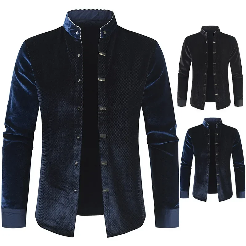 

2023 Autumn/Winter New Men's Long Sleeved Shirt Gold Velvet Fashion Men's Shirt Warm Shirt Shirt