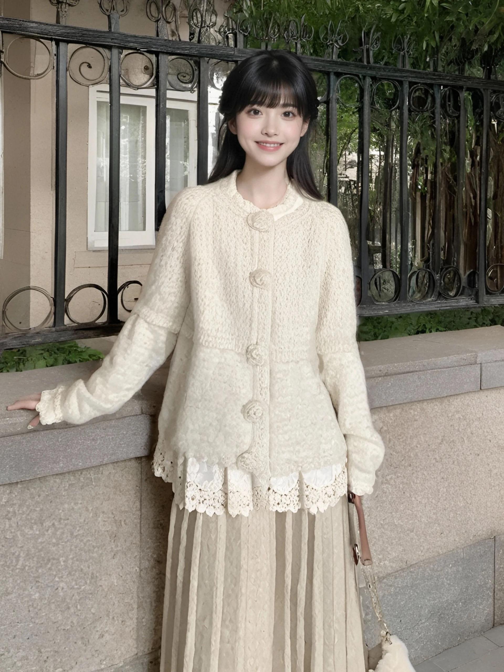 Sweet Gentle Style Knitted Lace Top Half Skirt Set Spring Women's Fashion Warm Polyester Long Sleeve Button up Casual Wear