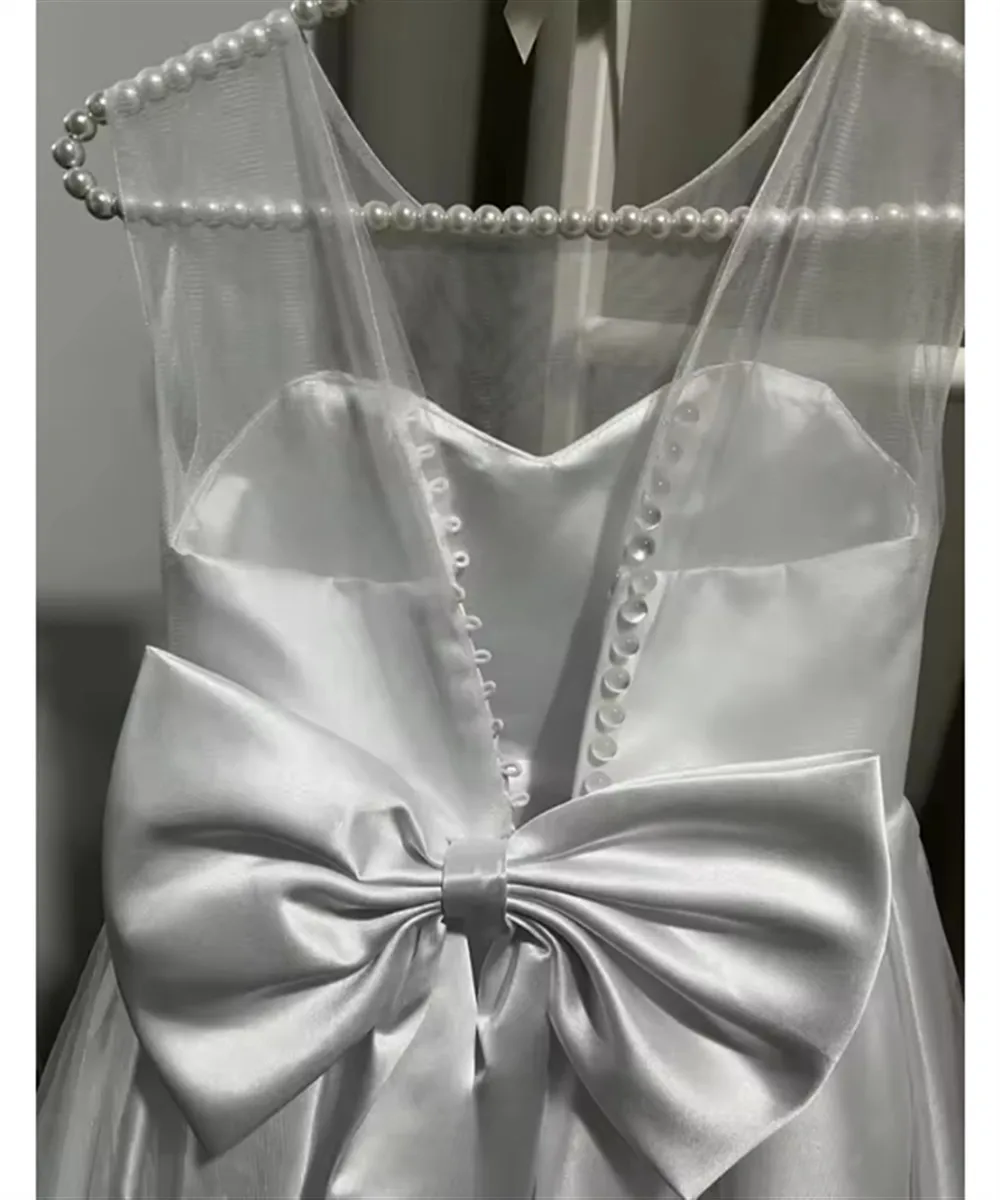 Customized White Child Flower Girl Dress for Wedding Satin Bow Sleeveless Long Bridesmaid Pageant Robe First Communion Gown