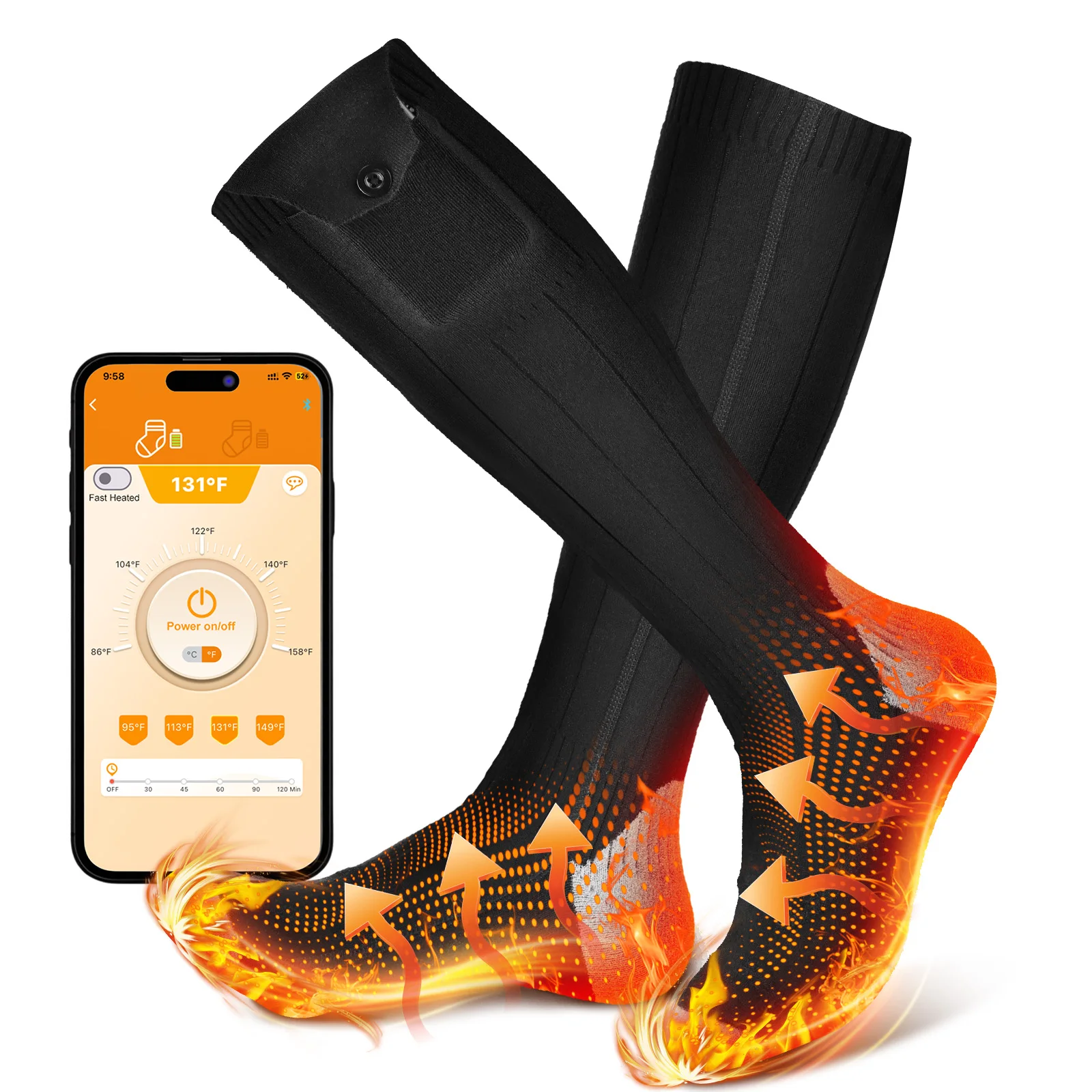APP Controlled Heated Socks Wireless Heat Unisex Black Pair Rechargeable Adjustable Temperature Smart for Outdoor Camping