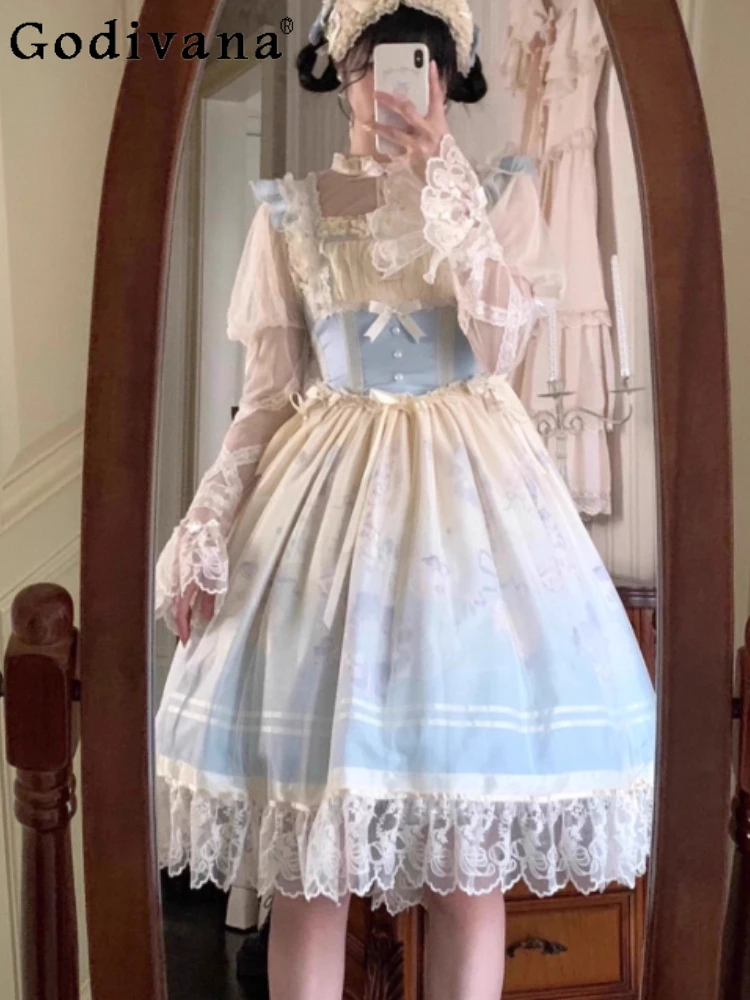 

Spring Summer New Sweet Ballet Princess Lolita Jsk Suspender Dress Elegant Women's High Waist A-line Square Neck Fairy Dresses
