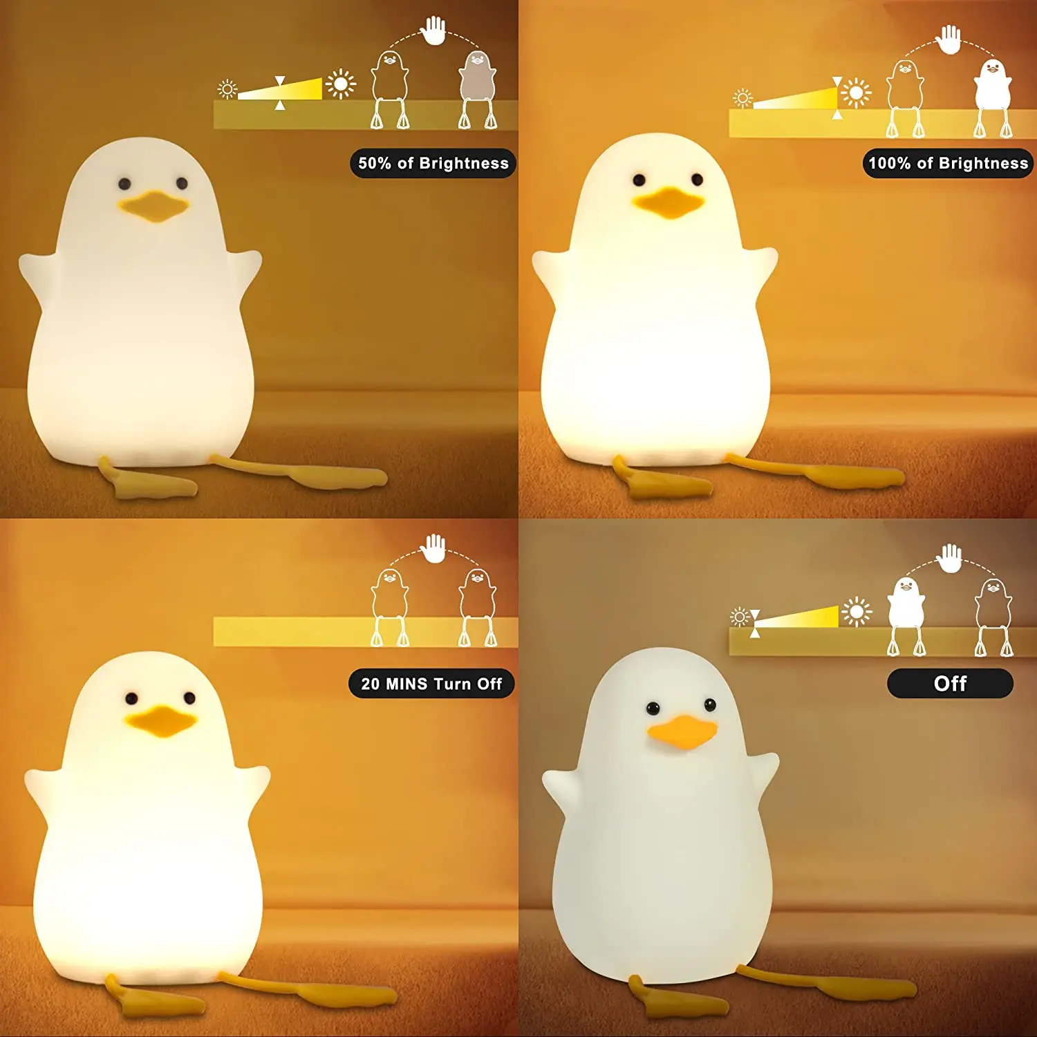 Portable Cute Duck Night Light Silicone Pear Kids Night Light Tap Control USB Rechargeable LED Lamp for Baby Bedroom Room Decor