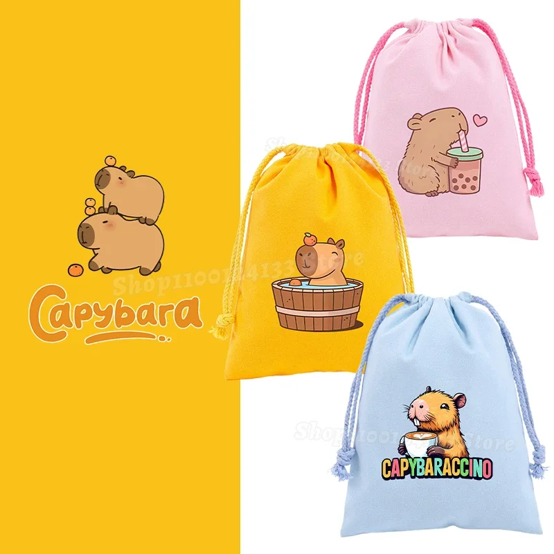 Capybara Drawstring Bags Cute Y2K Vogue Cartoon Print Sport Kids Boy Girl Portable Hand Pocket Children Party Prepare Gift Pouch