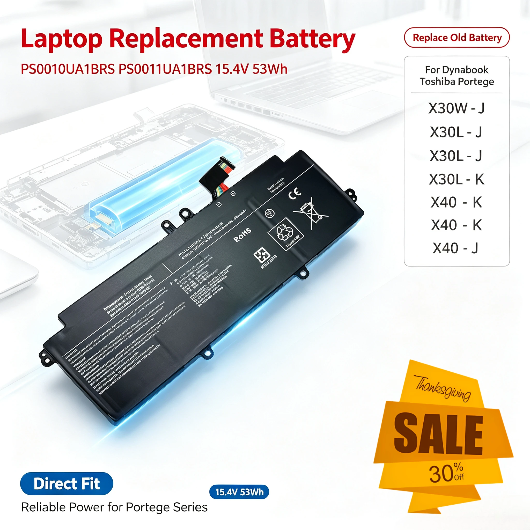 15.4V 53Wh PS0010UA1BRS PS0011UA1BRS Replacement Laptop Battery for Dynabook Toshiba Portege X30W-J X30L-J X30L-K X40-K X40-J
