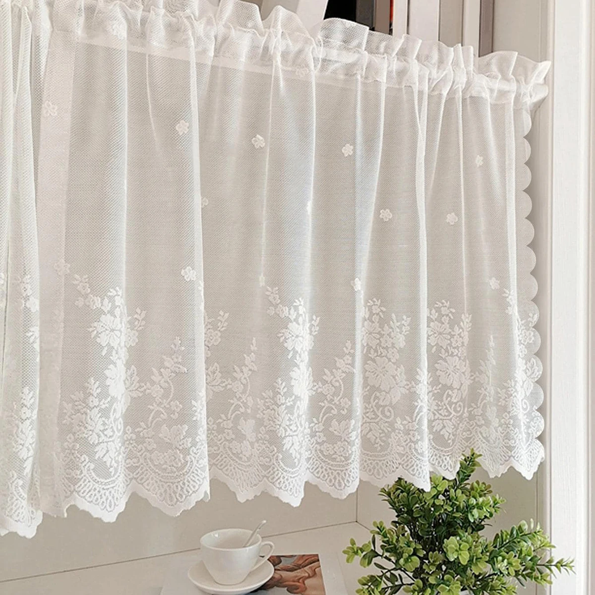 1PC Short Lace Curtain,Exquisite Floral Pattern Valance,Window Valances Pastoral Tulle Voile Home Decor Kitchen Door