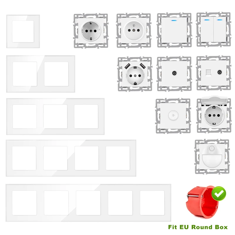 Nywp wall-mounted diy module European standard white tempered crystal glass panel socket touch switch button function combi