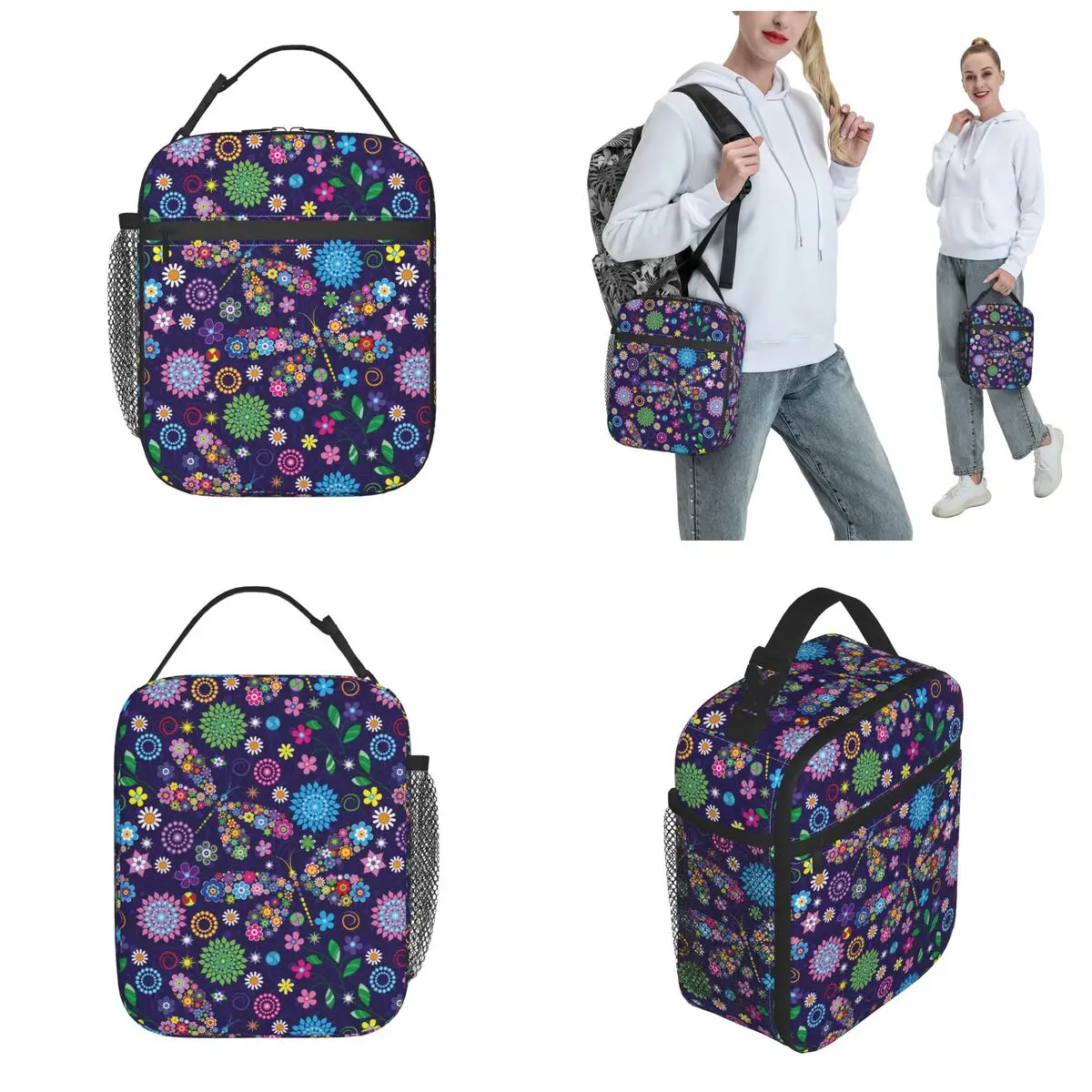 Bolsas de almuerzo de libélulas bohemias con Mandala y flores, bolsas de almuerzo con aislamiento térmico, enfriador Floral de libélula Boho