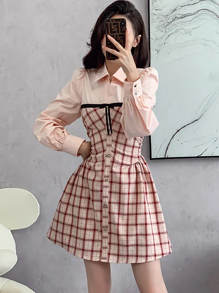 

2025 Elegant Casual Fake Two Piece Dress Autumn Winter Pleated Bodycon Dress Women Pink Plaid Patchwork Polo Collar Shirt Dress