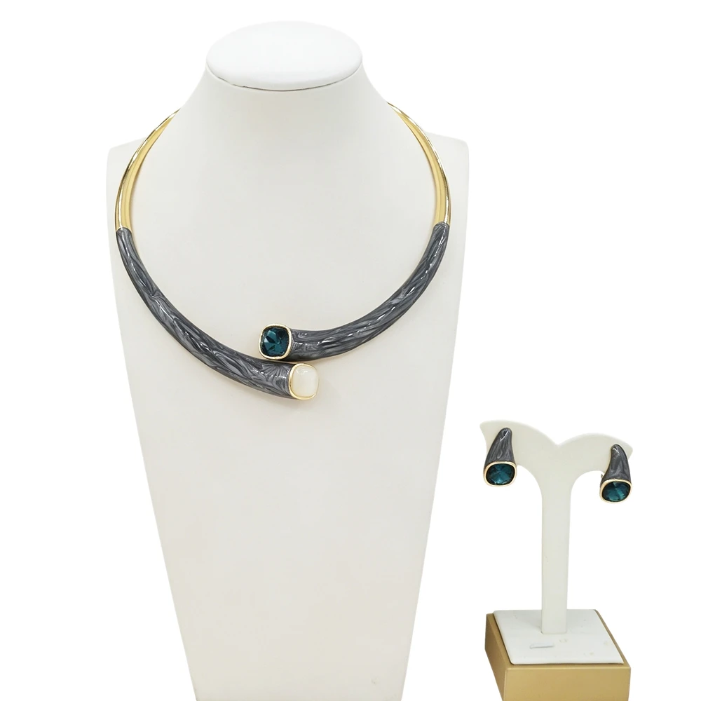 Women Fashion Grey Marbled Enamel Gold Jewelry Set Dark Green Choker Necklace Stud Earrings African Wedding Banquet Accessories