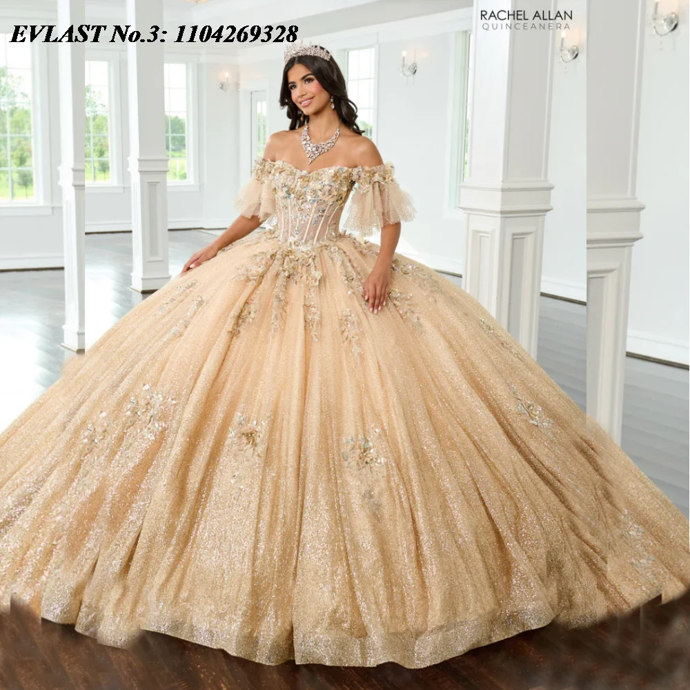 

EVLAST индивидуальное блестящее платье Quinceanera цвета шампанского, бальное платье, кружевная аппликация, корсет из бисера, Sweet 16, Vestido De 15 Anos E3Q445