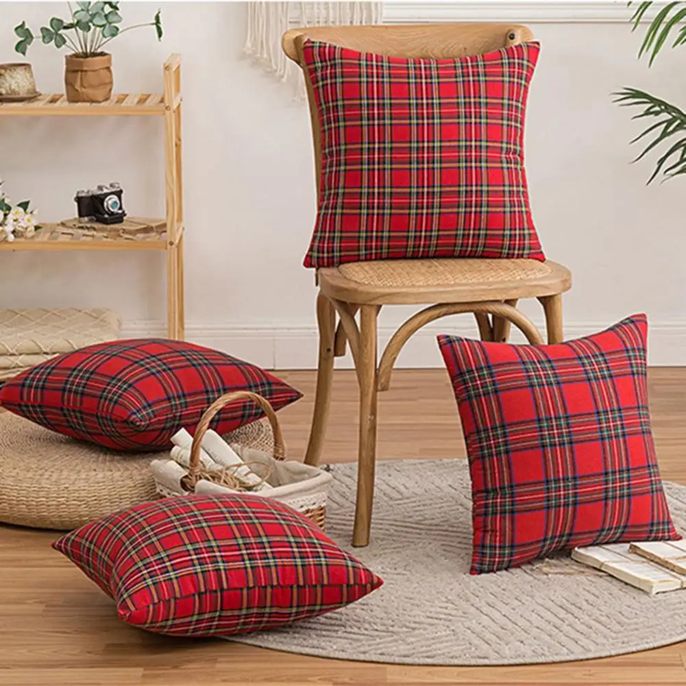 Geometric Plaid Print Pillowcase Christmas Pillowcase with Hidden Zipper 18/20 Inch Frosted Hair Surface Square Shape Sofa Decor