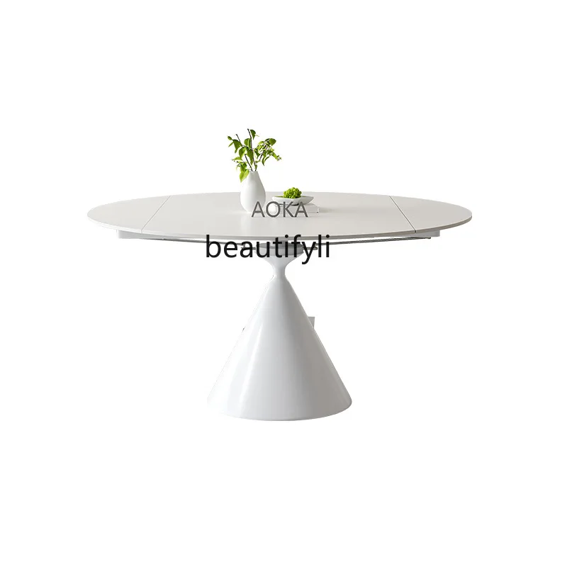 Rock slab round dining table square becomes round dual-purpose table cream wind white  multi-functional folding dining table