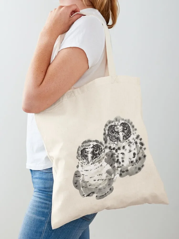 Two owl chicks sumie ink painting Tote Bag reusable grocery bags ecological bags Tote Bag