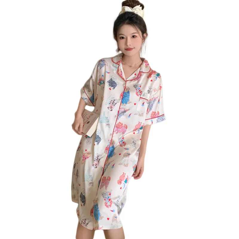 Faux Silk Satin Pajamas Women\'s Nightgowns Cardigan Ice Silk Shirt Skirt Cartoon Printed Nightdress Leisure Night Gown Dressing