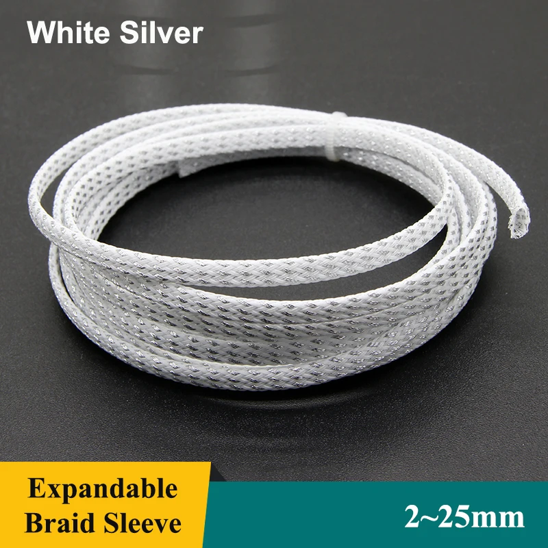 

1~50m White Silver PET Braid Sleeve 2/4/6/8/10/12/16/20/25mm High Density Snake Skin Cable Wrap Sheath For Electric Cables