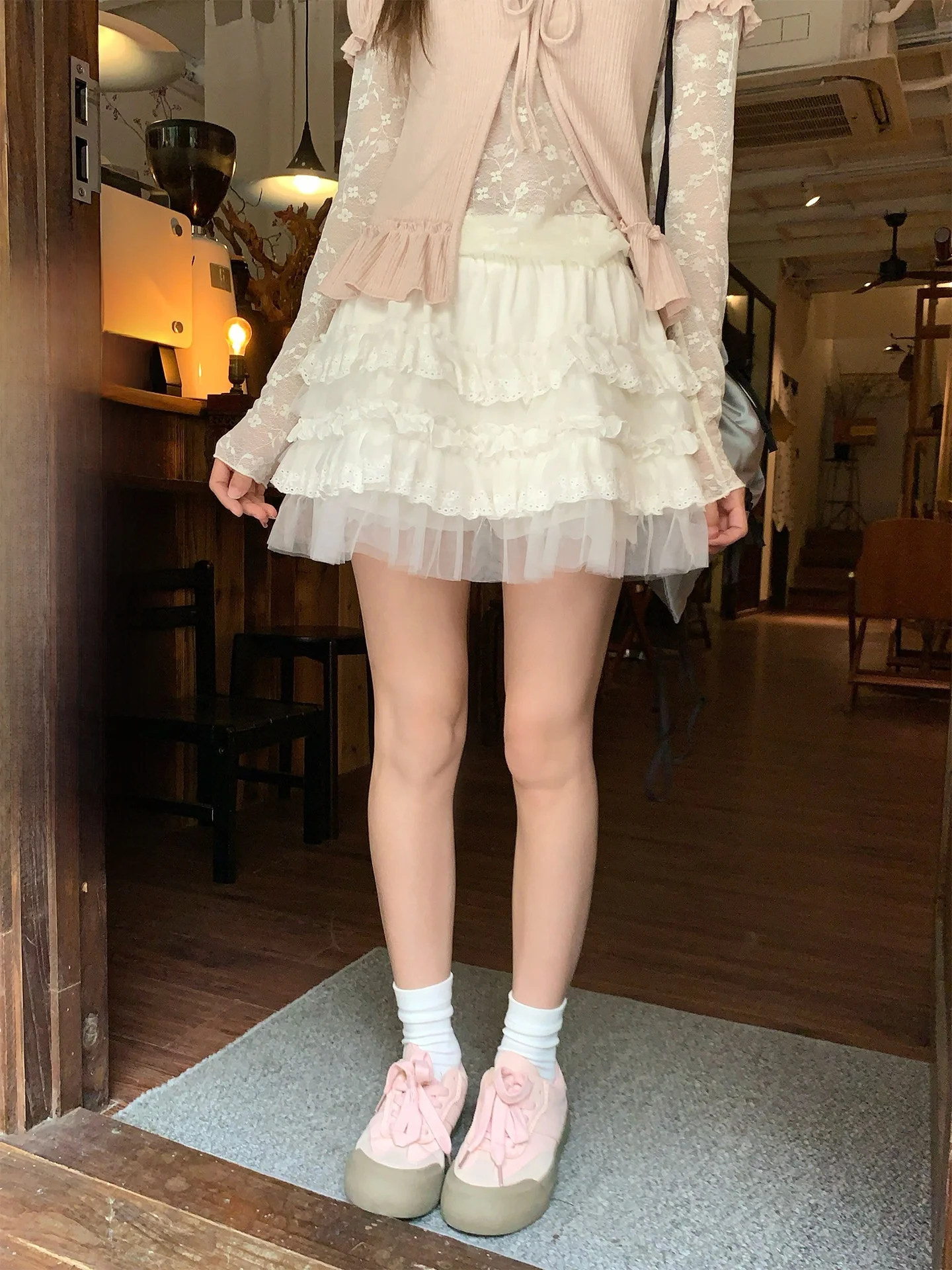 

Hollyii Korean Style Short Half Skirt with Elastic Waist And Lace Splicing Spring New Arrival for Ladies A-Line Silhouette