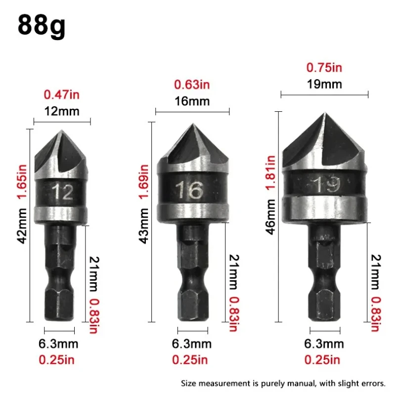 3PC Hexagonal Shank 90 Degree Black Five Blade Chamferer 12/16/19mm Countersink Drill Woodworking Hole Opener Tool Set