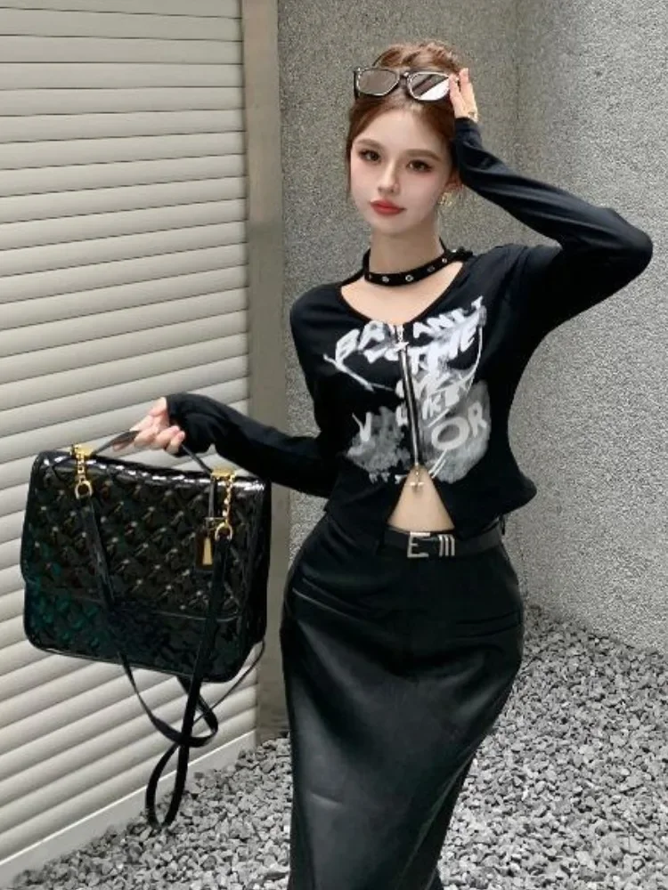 Autumn Fashion Sexy Halter Cropped Cardigan Y2k Aesthetic Slim Fit Double Zippers Tops Women All Match  Letter Print Tees