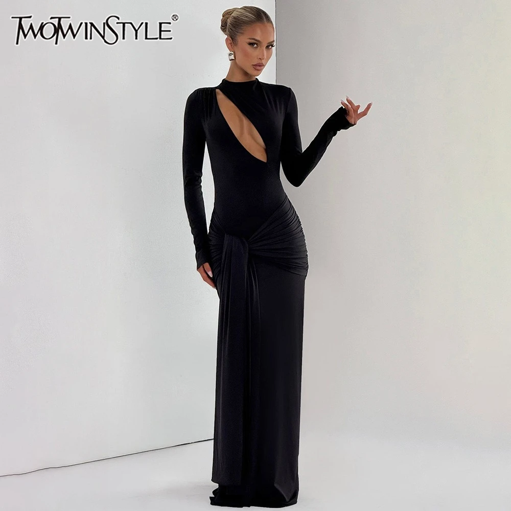 TWOTWINSTYLE الصلبة تقسم ضمادة فستان ماكسي للنساء س الرقبة طويلة الأكمام المرقعة قطع Bodycon فساتين سهرة مثيرة الإناث