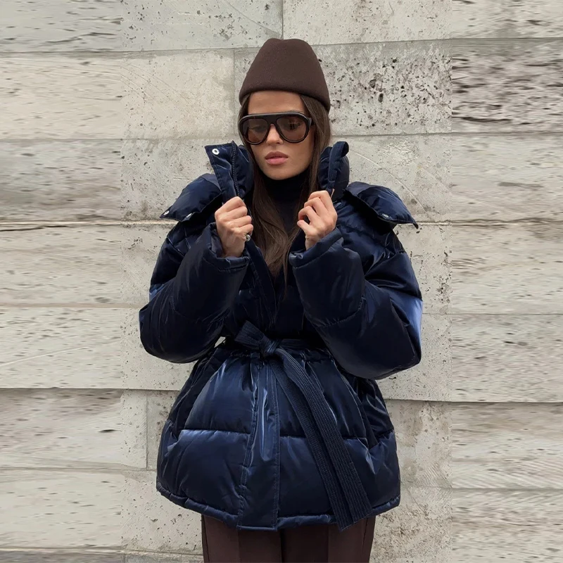 Chic Reflective Fabric Lace Up Hooded Cotton Jacket Women Stand Collar Full Sleeve Zipper Warm Overcoat 2026 Winter Lady Outwear