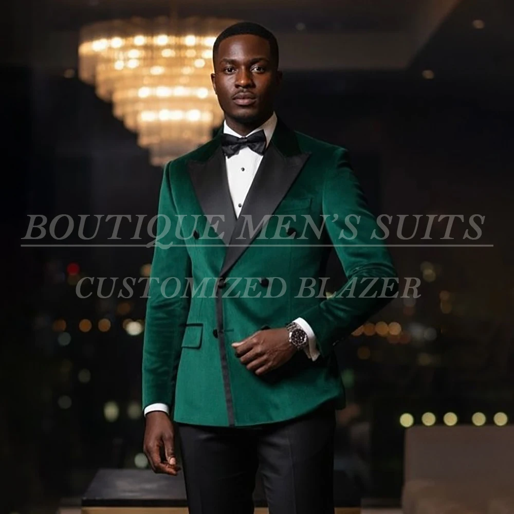 

Шикарные мужские костюмы, элегантная зеленая бархатная куртка с черными брюками, комплекты из 2 предметов, высококачественная мужская одежда, полный комплект по индивидуальному заказу