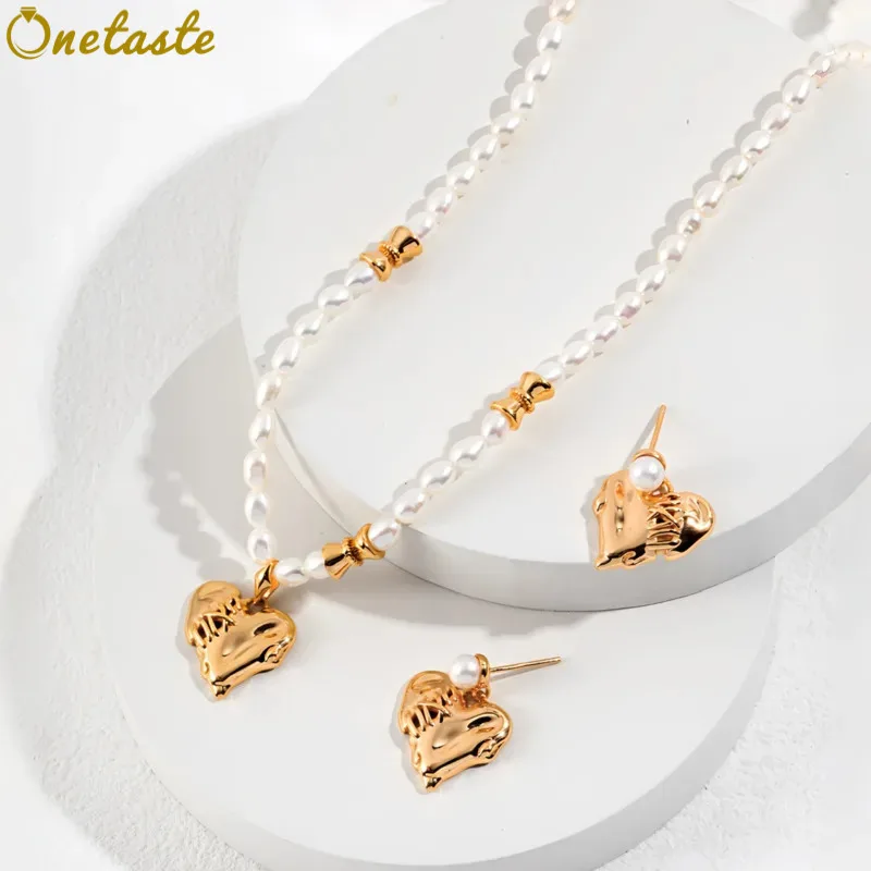 

925 Silver Natural Pearl Heart Charm Jewelry Sets With Beaded Strand Necklace And Stud Earrings For Women Trendy Dainty Her Gift