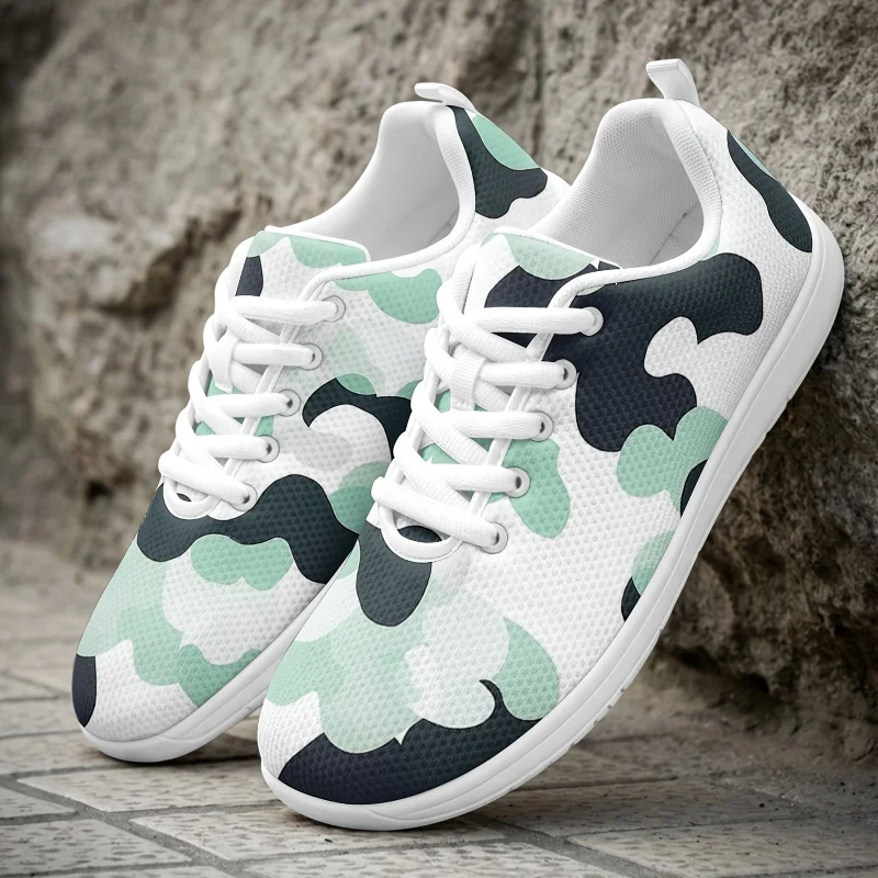Men Ladies Light green and dark gray geometric patchwork print Mesh casual sneakers Lace-up style with soft sole, slip-resistant