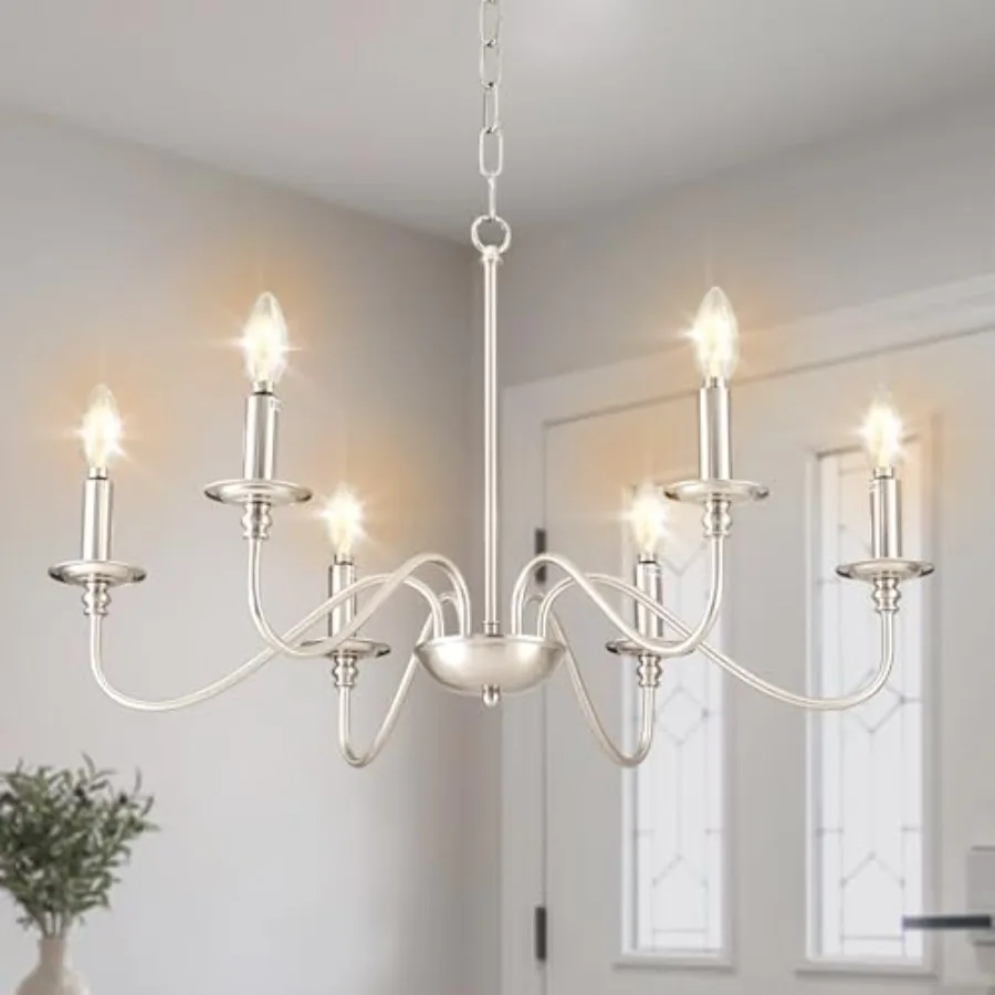 

Modern Chandelier for Dining Room: 6-Light Brushed Nickel Farmhouse Hanging Ceiling Pendant Light Fixture for Kitchen Island -