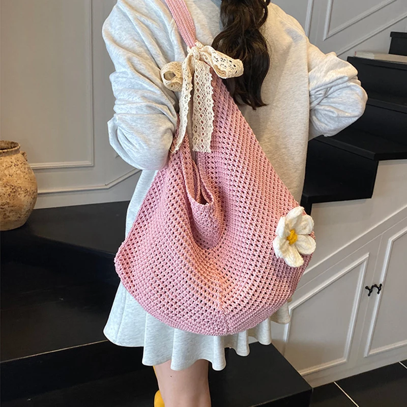 Einfache handgemachte gestrickte Umhängetasche, böhmische einfarbige Häkel-Einkaufstasche, große Kapazität, ausgehöhlte gewebte Handtasche, Urlaub