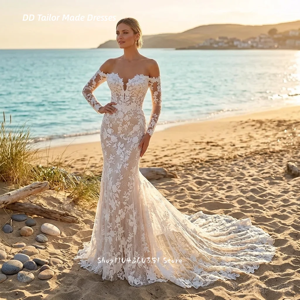 long sleeve champagne wedding dress V-neckline Lace Gown with Illusion Sleeves – loveangeldress Custom fit DreamDress By PMN Ariel Princess