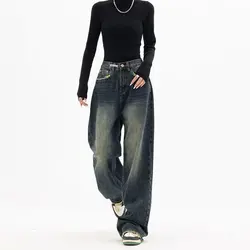 2023 Y2K Women Vintage Streetwear Korean Baggy Blue Jeans High Waist Straight Wide Leg Pants Denim Trousers Fairy Grunge