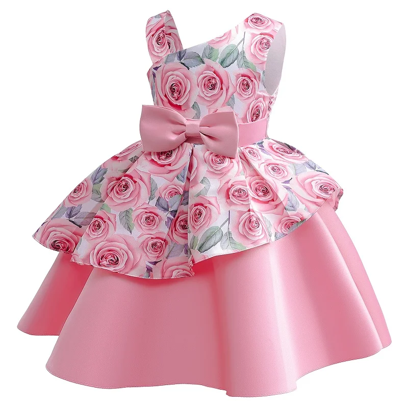 Girls' Dress 2023 New Rose Blossom Print Oblique Shoulder Princess Dress Bowtie Banquet Host Walk Show Performance Dress