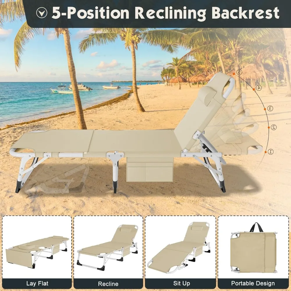 Składane krzesło leżakowe do użytku na zewnątrz, do opalania, z 5 pozycjami, otworem na twarz i przenośną konstrukcją.