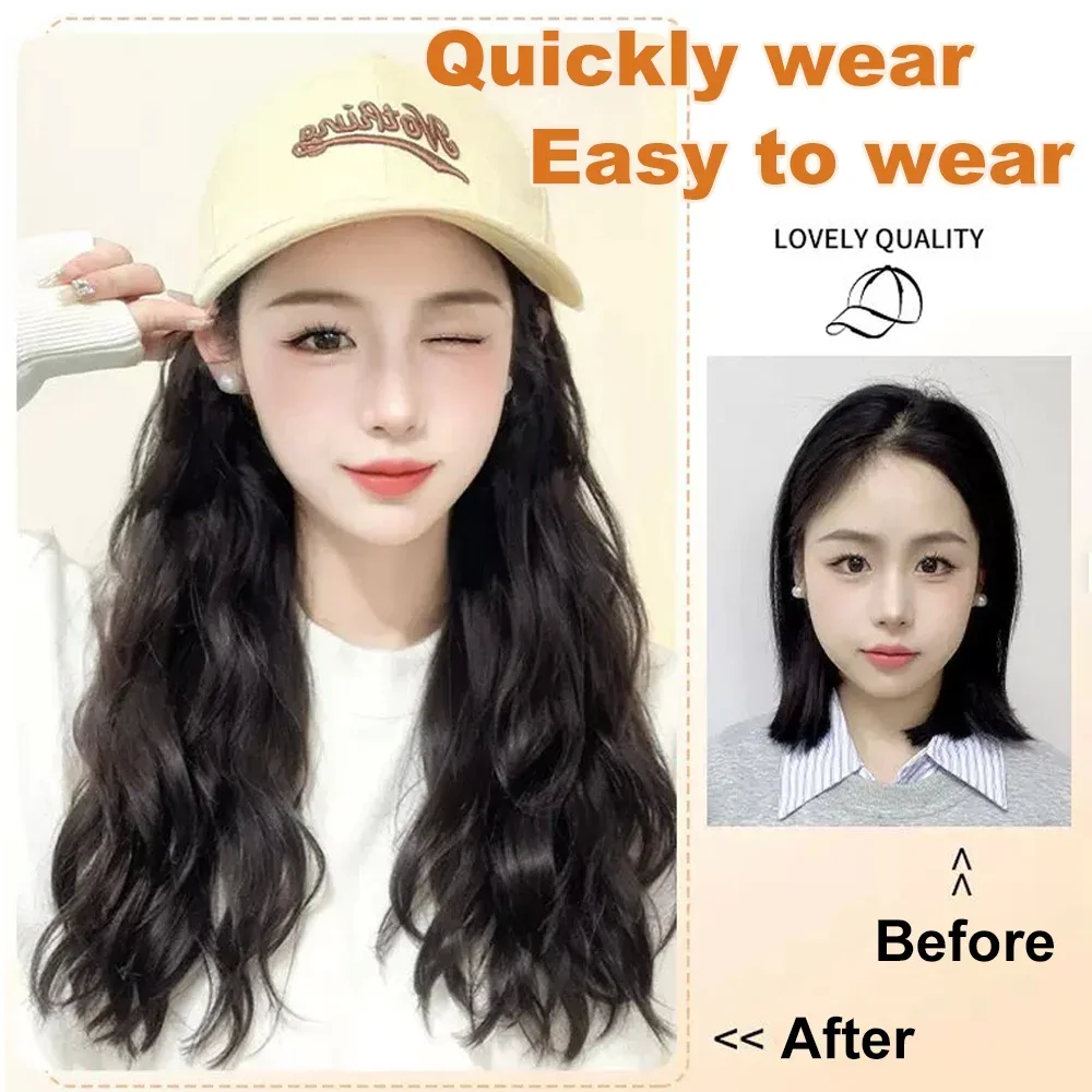 Topi Wig sintetik topi hitam dengan topi Wig rambut topi baret Wig untuk wanita pesta sehari-hari alami rambut tahan panas