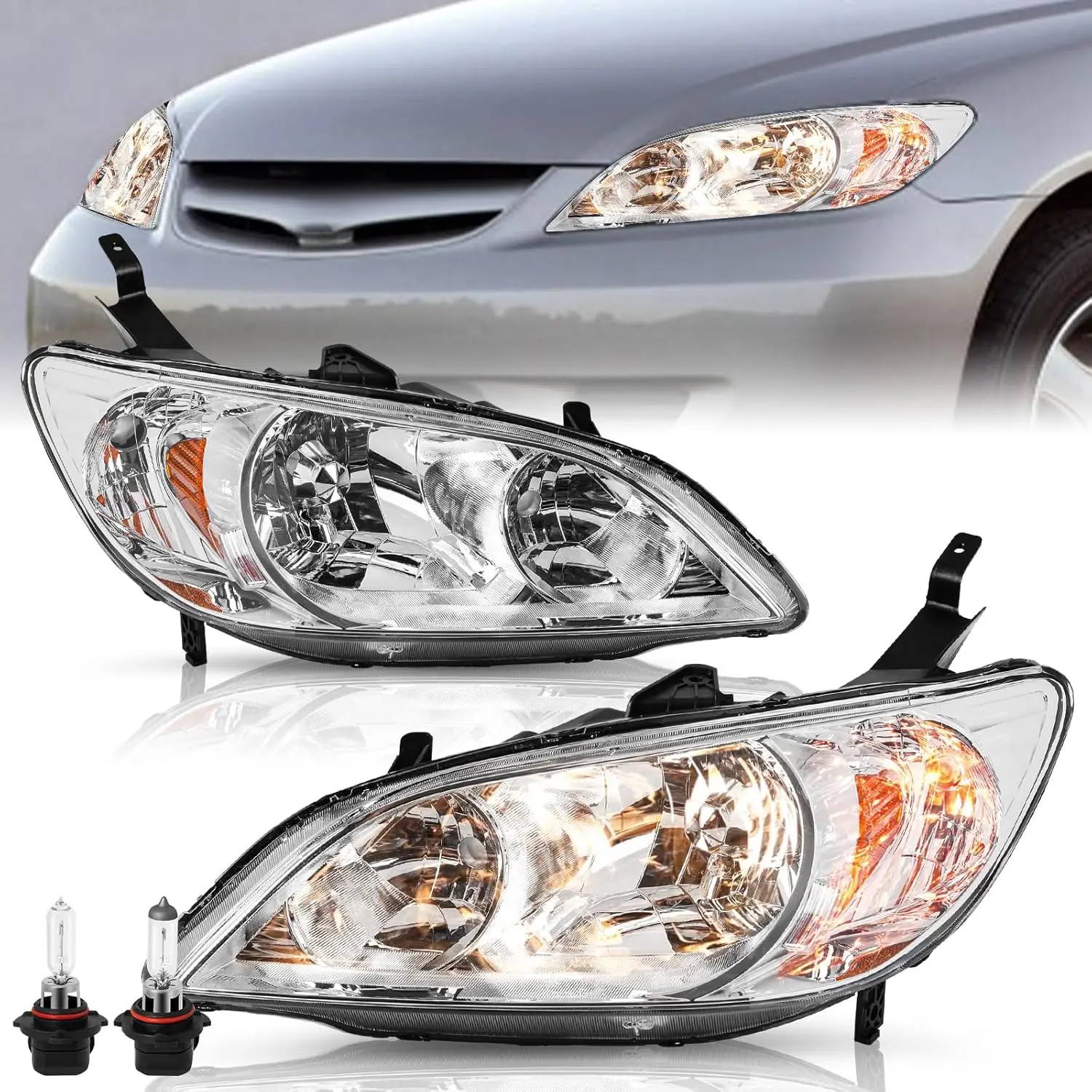 

Комплект фар в сборе с лампами для Honda Civic 2004-2005 годов со стороны водителя и пассажира (хромированный корпус и янтарный отражатель)