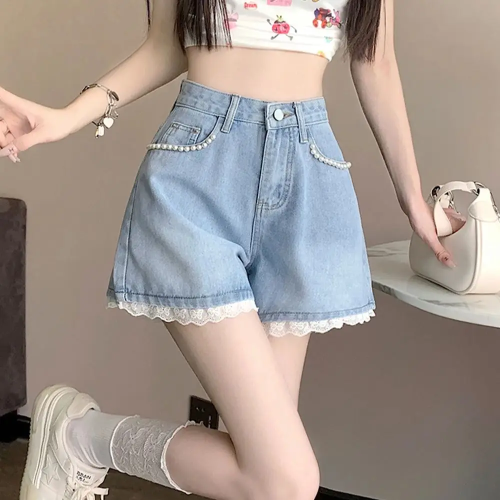 

Sweet Beading Lace Denim Shorts For Women Summer High Waist Wide Leg A-line Pants Large Size Versatile High Street Hot Pants