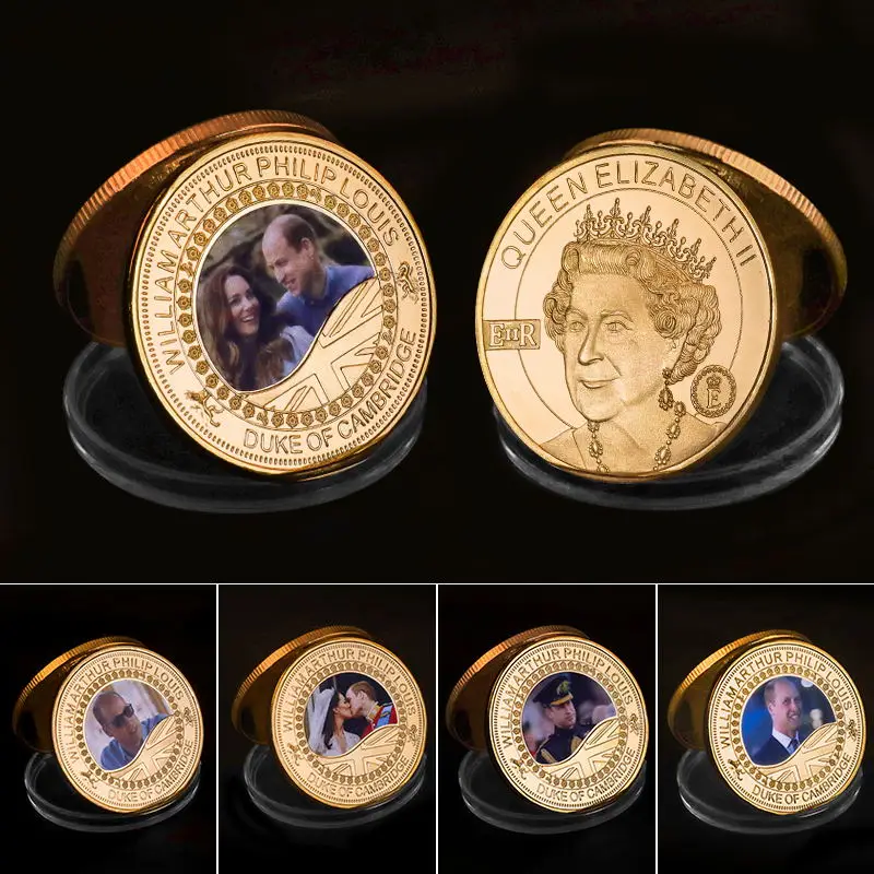 Prince William Catherine UK Gold Plated Commemorative Coin British Royal Family Challenge Coin Queen Elizabeth II Souvenir Gifts