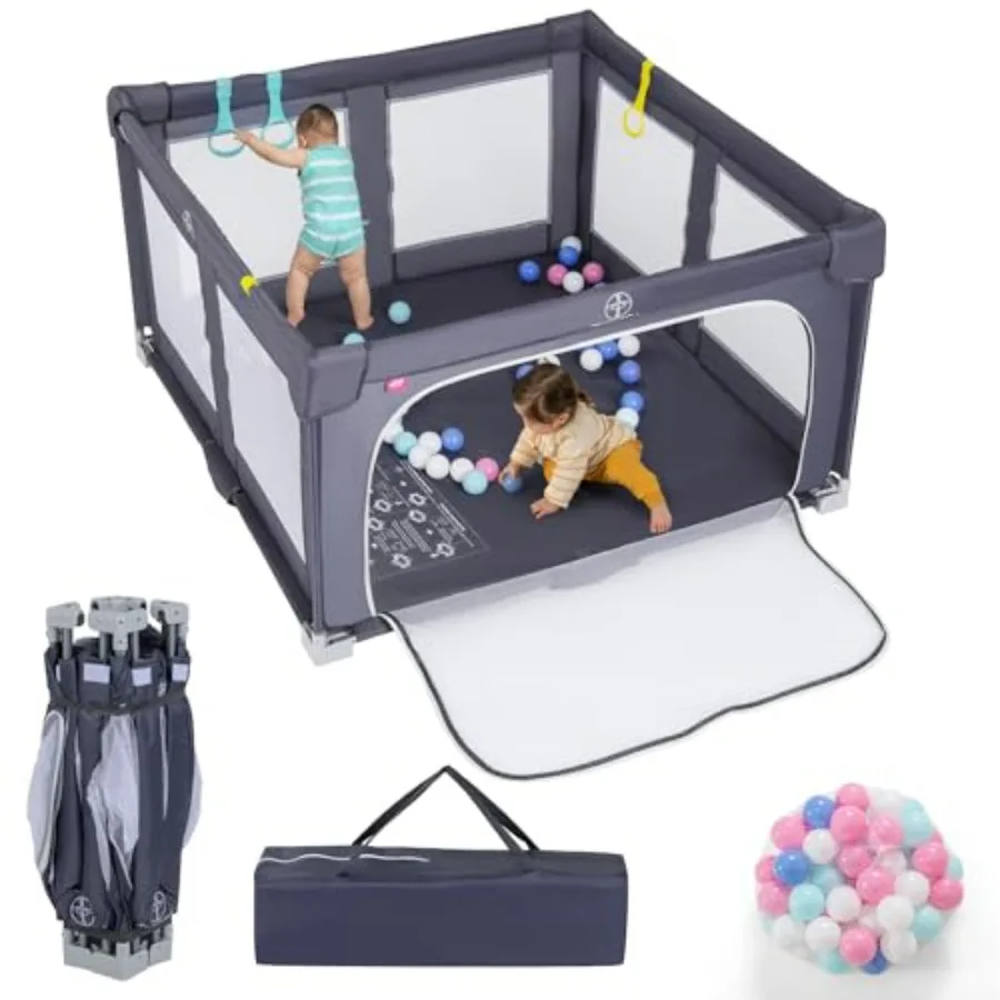 

Foldable Playpen for Babies 50''x50'' Portable Baby Play Pen with 50 PCS Ocean Balls 4 Handles Carry Bag Visible Mesh Activity