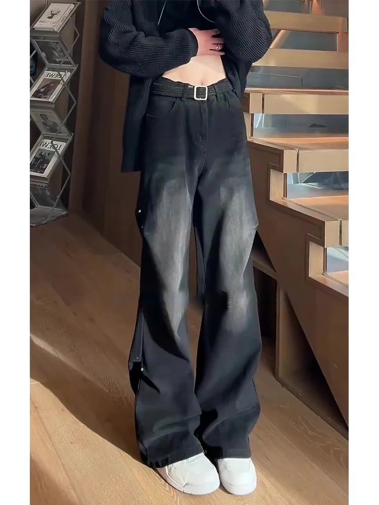 

Black Men's Flared Jeans High Street Vibe Style Rivet Straight Leg Long Pants Retro Loose Fit Wear Resistant Iron Free Drape