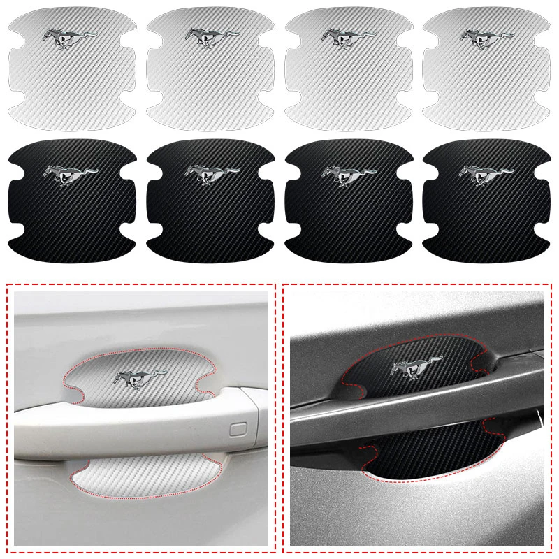 4pcs Car Door Handle Carbon Fiber Decorative Protective Sticker For Mustang 2005 2006 2007 2008 2009 2016 GT Mach-E 2013 Escala