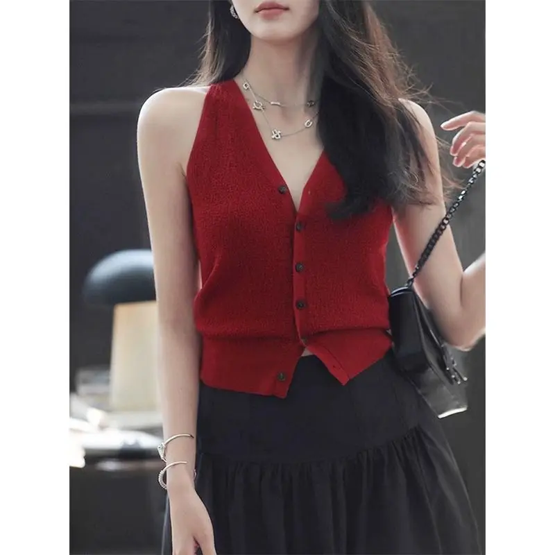 Summer Women\'s V-Neck Button Solid Color Sleeveless Cardigan Sweater Knitted Tanks Camis Casual Clothing Standard Commute Tops