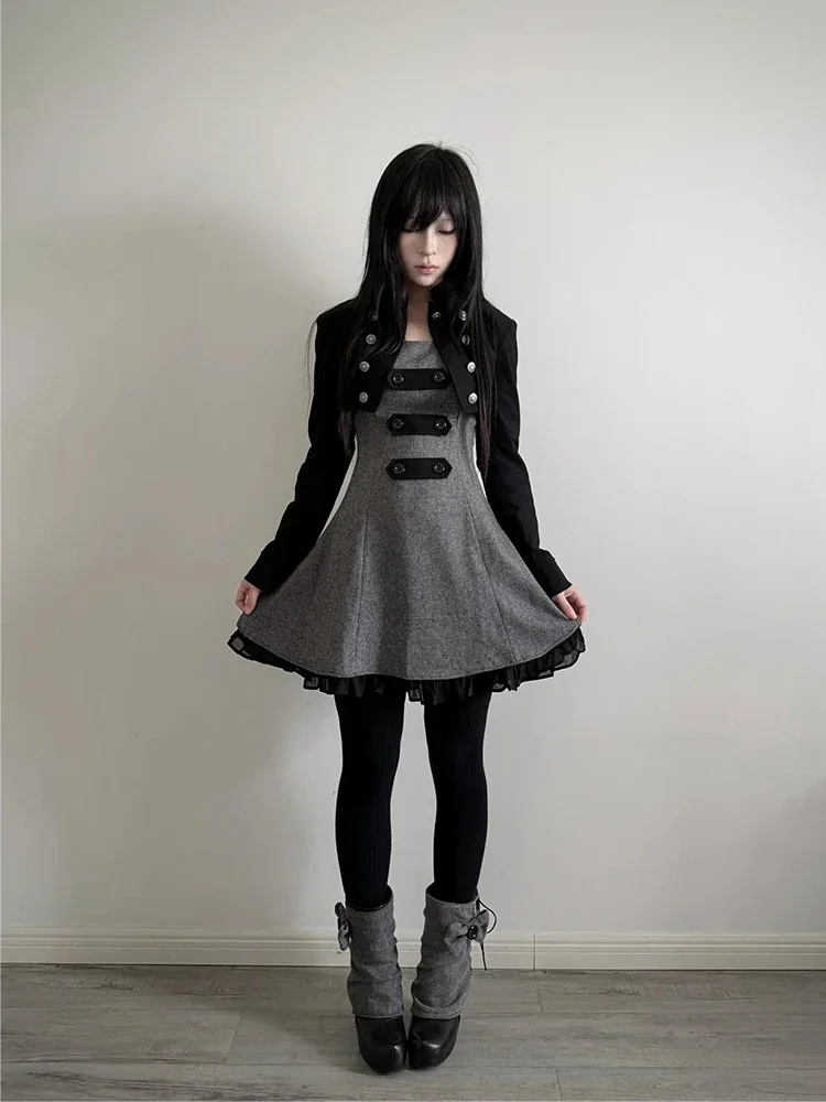 Gothic Punk Y2K Stand Collar Dark Aesthetic Double Breasted Twill Women Cropped Jacket Trendy Slim Fit Short Cardigan Tops Coat