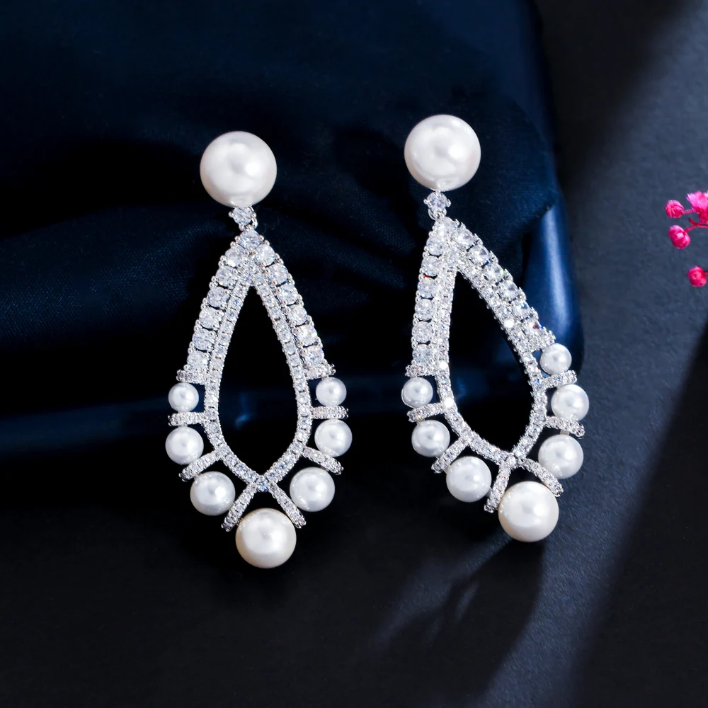 

ThreeGraces Elegant Cubic Zirconia Silver Color Long Simulated Pearl Drop Earrings for Women Bridal Wedding Party Jewelry E1376